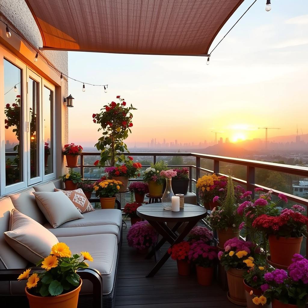 A beautifully decorated balcony filled with vibrant flowers in colorful pots, cozy lounge seating with soft cushions, a small wooden table adorned with a decorative vase and a couple of candles, a sunshade overhead casting a gentle shadow, string lights twinkling in the evening, a breathtaking view of a city skyline in the background during sunset, creating a warm and inviting atmosphere, perfect for relaxation and socializing