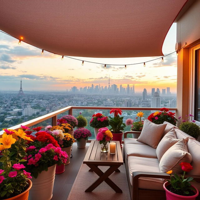 A beautifully decorated balcony filled with vibrant flowers in colorful pots, cozy lounge seating with soft cushions, a small wooden table adorned with a decorative vase and a couple of candles, a sunshade overhead casting a gentle shadow, string lights twinkling in the evening, a breathtaking view of a city skyline in the background during sunset, creating a warm and inviting atmosphere, perfect for relaxation and socializing