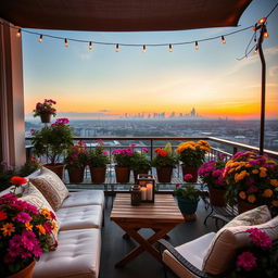 A beautifully decorated balcony filled with vibrant flowers in colorful pots, cozy lounge seating with soft cushions, a small wooden table adorned with a decorative vase and a couple of candles, a sunshade overhead casting a gentle shadow, string lights twinkling in the evening, a breathtaking view of a city skyline in the background during sunset, creating a warm and inviting atmosphere, perfect for relaxation and socializing