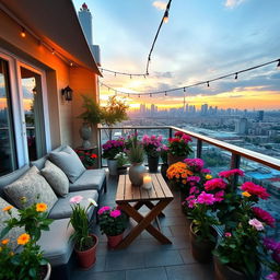 A beautifully decorated balcony filled with vibrant flowers in colorful pots, cozy lounge seating with soft cushions, a small wooden table adorned with a decorative vase and a couple of candles, a sunshade overhead casting a gentle shadow, string lights twinkling in the evening, a breathtaking view of a city skyline in the background during sunset, creating a warm and inviting atmosphere, perfect for relaxation and socializing