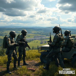 A dynamic scene from the popular battle royale game PUBG, featuring a highly detailed and realistic depiction of a vast open landscape with lush greenery, rolling hills, and a dramatic sky