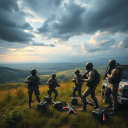 A dynamic scene from the popular battle royale game PUBG, featuring a highly detailed and realistic depiction of a vast open landscape with lush greenery, rolling hills, and a dramatic sky