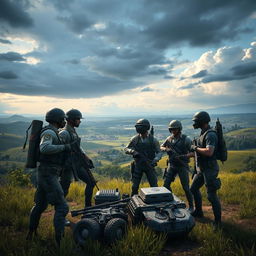A dynamic scene from the popular battle royale game PUBG, featuring a highly detailed and realistic depiction of a vast open landscape with lush greenery, rolling hills, and a dramatic sky