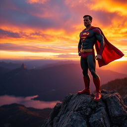 A heroic character standing confidently on a rocky mountain peak, overlooking a breathtaking landscape at sunset