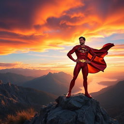 A heroic character standing confidently on a rocky mountain peak, overlooking a breathtaking landscape at sunset