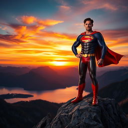 A heroic character standing confidently on a rocky mountain peak, overlooking a breathtaking landscape at sunset