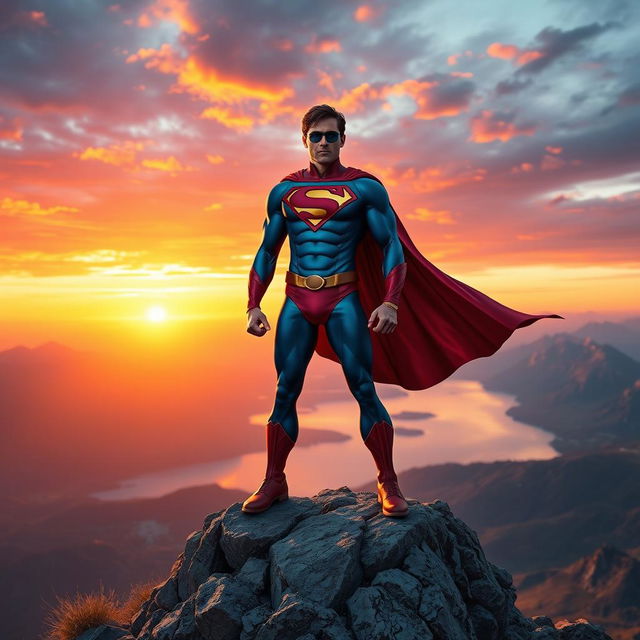 A heroic character standing confidently on a rocky mountain peak, overlooking a breathtaking landscape at sunset