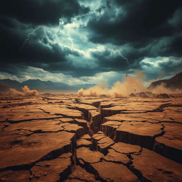 A dramatic and intense earthquake background featuring a cracked earth surface, with deep fissures radiating outward