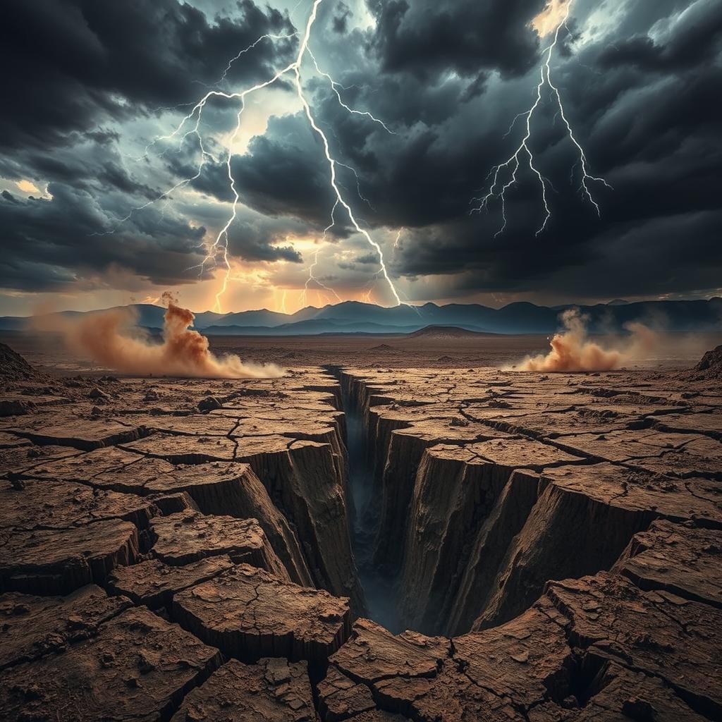 A dramatic and intense earthquake background featuring a cracked earth surface, with deep fissures radiating outward