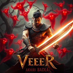 A dynamic, intense scene from an action-packed supernatural thriller titled 'Veer: Akhiri Badla