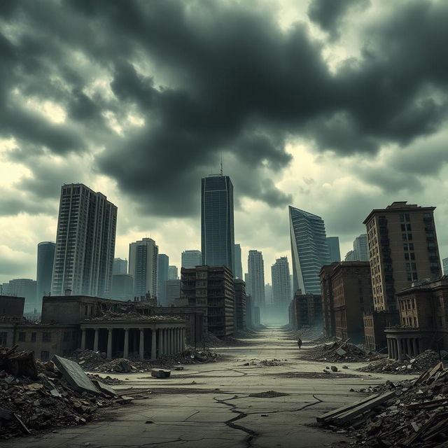 A dramatic city skyline showcasing the aftermath of an earthquake, with crumbling buildings, scattered debris, and cracked streets