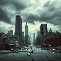 A dramatic city skyline showcasing the aftermath of an earthquake, with crumbling buildings, scattered debris, and cracked streets