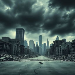 A dramatic city skyline showcasing the aftermath of an earthquake, with crumbling buildings, scattered debris, and cracked streets