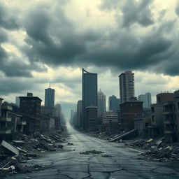 A dramatic city skyline showcasing the aftermath of an earthquake, with crumbling buildings, scattered debris, and cracked streets
