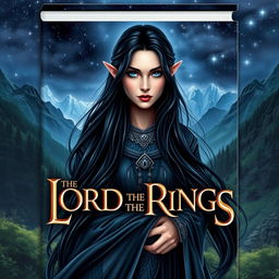 A captivating book cover design for 'The Lord of the Rings' featuring an elven woman with long, flowing black hair and striking blue eyes