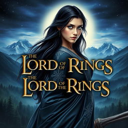 A captivating book cover design for 'The Lord of the Rings' featuring an elven woman with long, flowing black hair and striking blue eyes