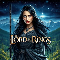 A captivating book cover design for 'The Lord of the Rings' featuring an elven woman with long, flowing black hair and striking blue eyes