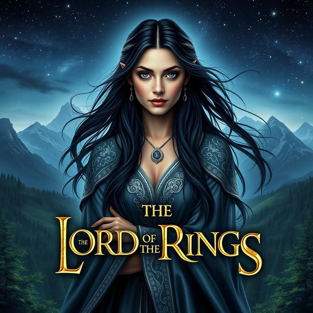 A captivating book cover design for 'The Lord of the Rings' featuring an elven woman with long, flowing black hair and striking blue eyes