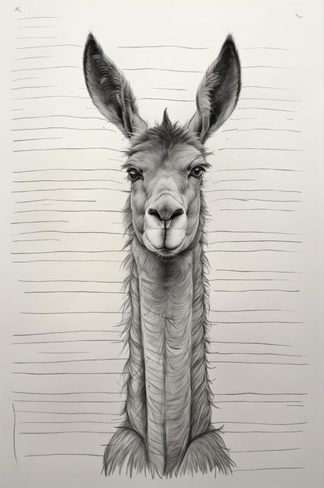 A detailed pencil drawing of a llama on lined paper