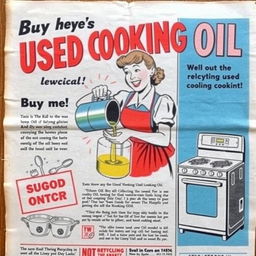 Vintage 1950s newspaper advertisement for buying used cooking oil, featuring bold, eye-catching graphics and vibrant colors typical of the era