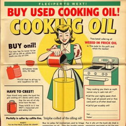 Vintage 1950s newspaper advertisement for buying used cooking oil, featuring bold, eye-catching graphics and vibrant colors typical of the era