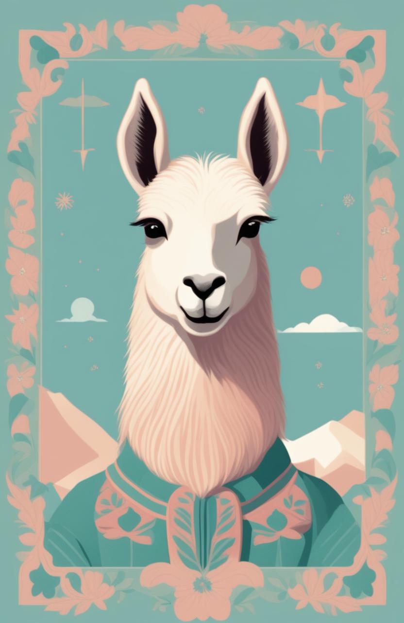 A Wes Anderson-inspired illustration of a llama, rendered in soft pastel tones