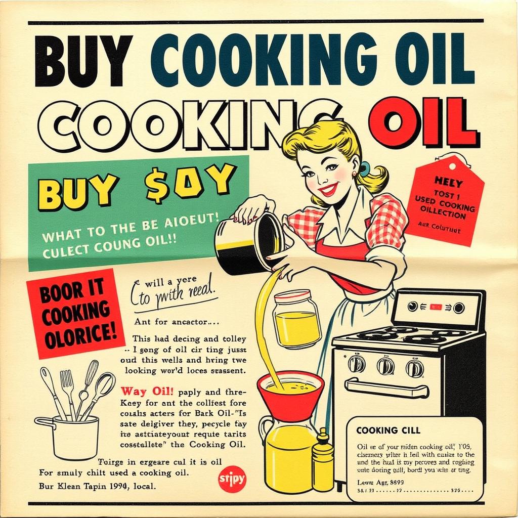 Vintage 1950s newspaper advertisement for buying used cooking oil, featuring bold, eye-catching graphics and vibrant colors typical of the era