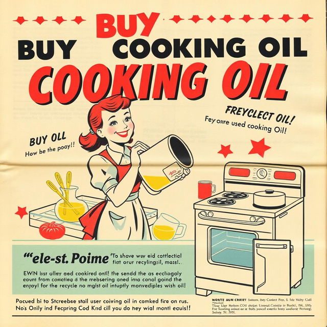 Vintage 1950s newspaper advertisement for buying used cooking oil, featuring bold, eye-catching graphics and vibrant colors typical of the era