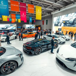A vibrant automotive exhibition scene named 'Exhibition of Pride', showcasing a variety of luxury cars