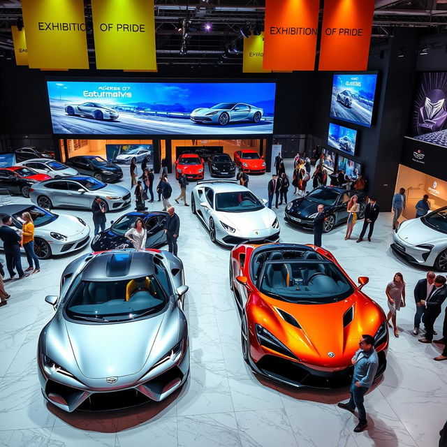 A vibrant automotive exhibition scene named 'Exhibition of Pride', showcasing a variety of luxury cars