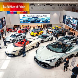 A vibrant automotive exhibition scene named 'Exhibition of Pride', showcasing a variety of luxury cars