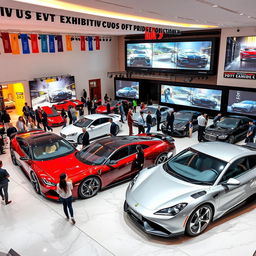 A vibrant automotive exhibition scene named 'Exhibition of Pride', showcasing a variety of luxury cars