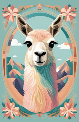 A Wes Anderson-inspired illustration of a llama, rendered in soft pastel tones