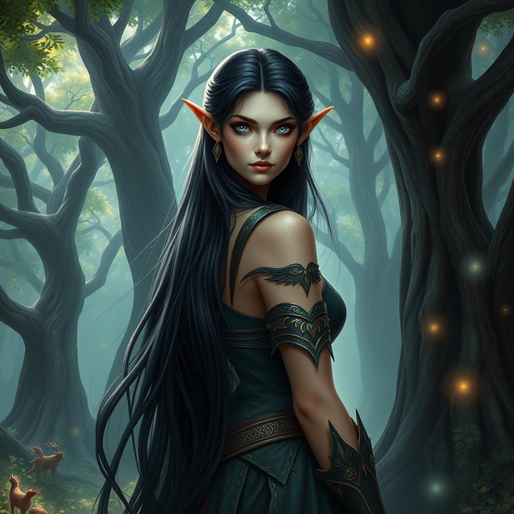 A majestic female elf from a fantasy world reminiscent of 'The Lord of the Rings', featuring long, flowing black hair that cascades down her back and striking blue eyes that radiate a sense of wisdom and magic