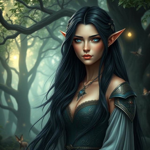 A majestic female elf from a fantasy world reminiscent of 'The Lord of the Rings', featuring long, flowing black hair that cascades down her back and striking blue eyes that radiate a sense of wisdom and magic