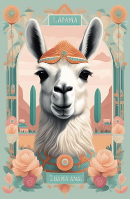 A Wes Anderson-inspired illustration of a llama, rendered in soft pastel tones