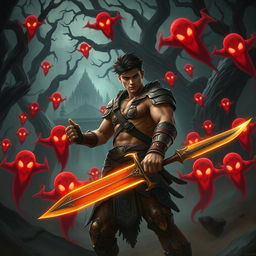 In a dark, eerie forest, the scene depicts Veer, a muscular young man donning ancient warrior armor, wielding a glowing sword