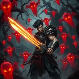 In a dark, eerie forest, the scene depicts Veer, a muscular young man donning ancient warrior armor, wielding a glowing sword