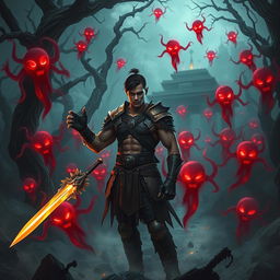 In a dark, eerie forest, the scene depicts Veer, a muscular young man donning ancient warrior armor, wielding a glowing sword