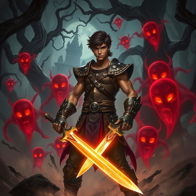 In a dark, eerie forest, the scene depicts Veer, a muscular young man donning ancient warrior armor, wielding a glowing sword