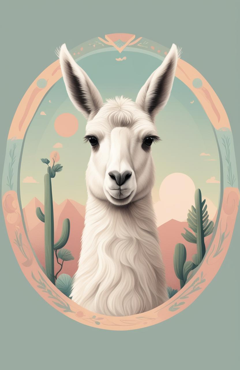 A Wes Anderson-inspired illustration of a llama, rendered in soft pastel tones