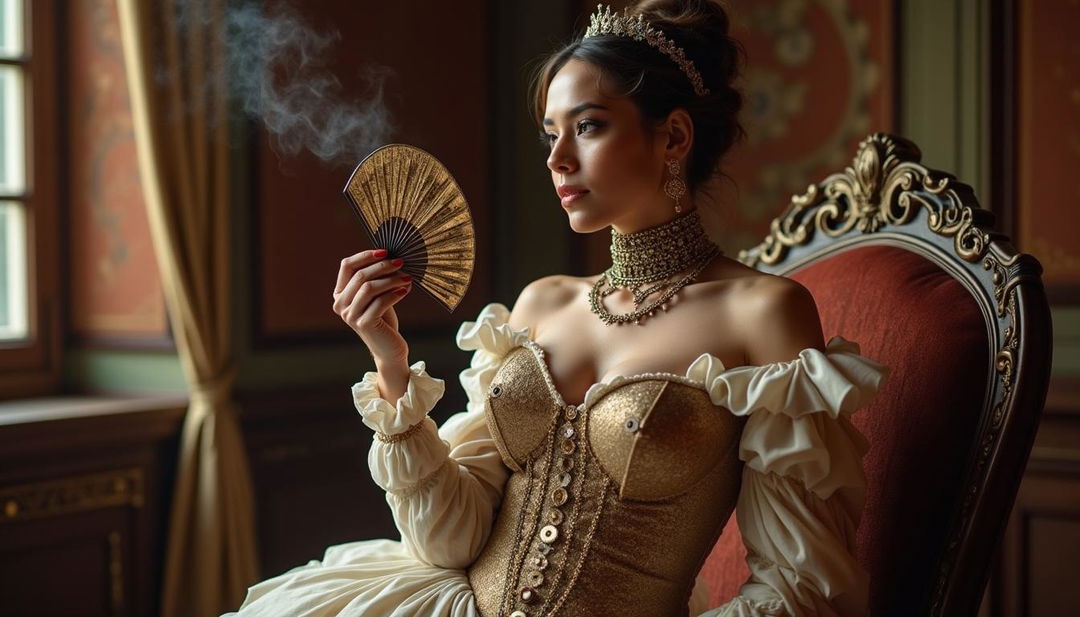 A sexy, voluptuous noblewoman blending Victorian glamour with a mechanical twist