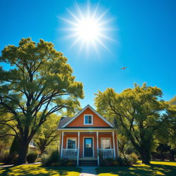 A bright, radiant sun shining in a clear blue sky over a cozy, charming house surrounded by lush green trees