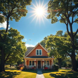 A bright, radiant sun shining in a clear blue sky over a cozy, charming house surrounded by lush green trees