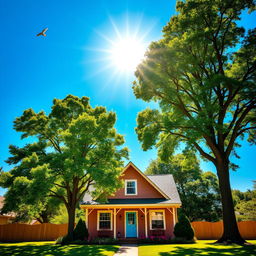 A bright, radiant sun shining in a clear blue sky over a cozy, charming house surrounded by lush green trees
