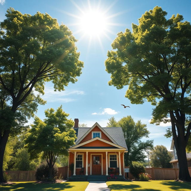 A bright, radiant sun shining in a clear blue sky over a cozy, charming house surrounded by lush green trees