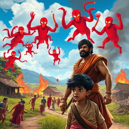 A dynamic opening scene depicting a peaceful Indian village under a blue sky, lush green fields, and quaint houses