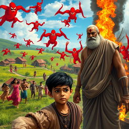 A dynamic opening scene depicting a peaceful Indian village under a blue sky, lush green fields, and quaint houses