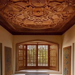 A traditionally designed art museum lounge, featuring a large bay window providing tranquil natural light and an intricate wooden khatamband ceiling.