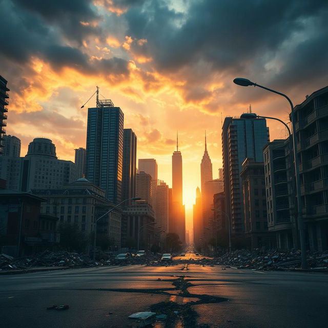 A cinematic movie poster background depicting an urban cityscape that showcases the aftermath of an earthquake